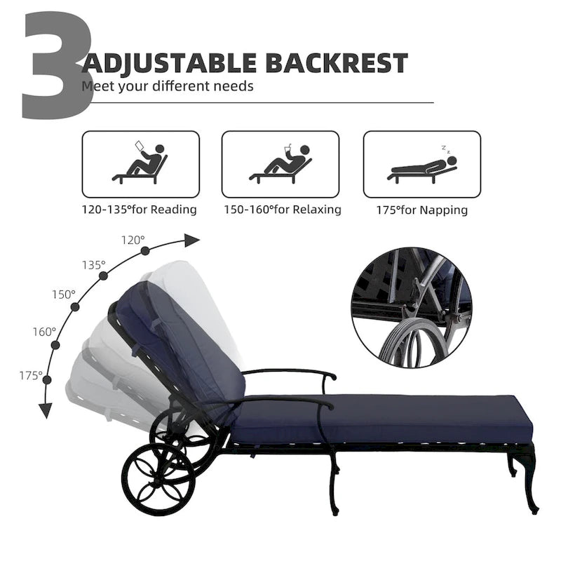 3-Piece Aluminum Reclining Outdoor Chaise Lounge with Cushions and Table