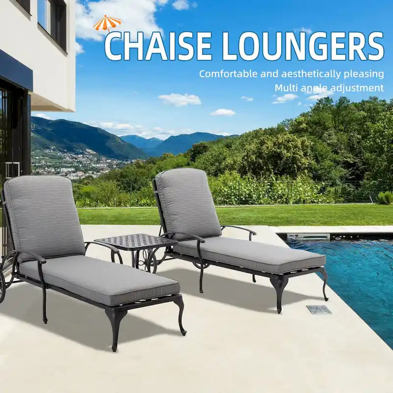 3-Piece Aluminum Reclining Outdoor Chaise Lounge with Cushions and Table