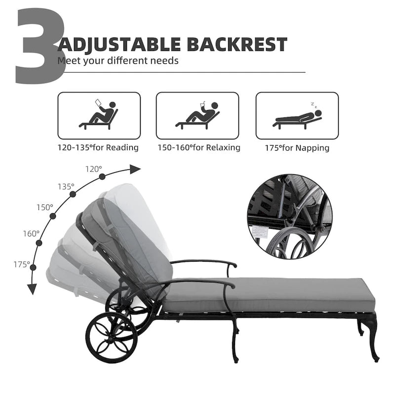 3-Piece Aluminum Reclining Outdoor Chaise Lounge with Cushions and Table