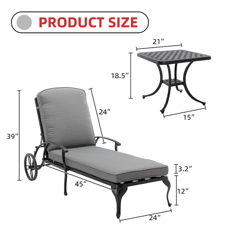 3-Piece Aluminum Reclining Outdoor Chaise Lounge with Cushions and Table