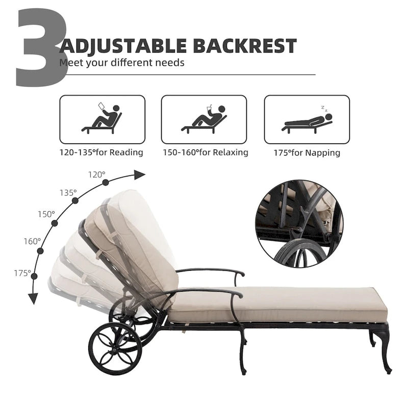 3-Piece Aluminum Reclining Outdoor Chaise Lounge with Cushions and Table