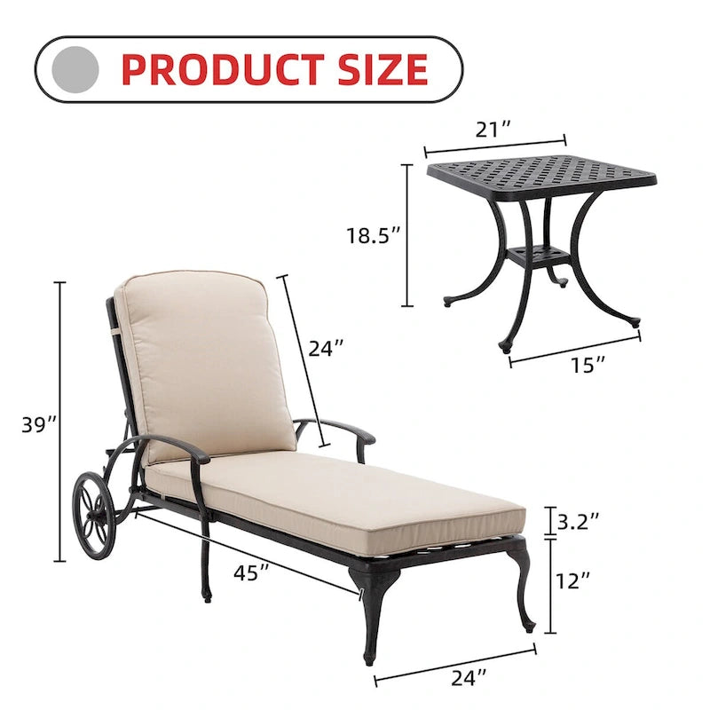 3-Piece Aluminum Reclining Outdoor Chaise Lounge with Cushions and Table