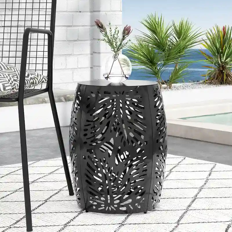 Metal Patio End Table,Round Side Table with Hollow Drum Design,Accent Table for Outdoor and Indoor Use