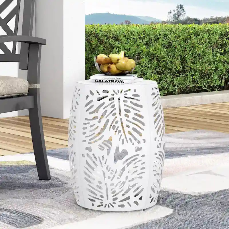 Metal Patio End Table,Round Side Table with Hollow Drum Design,Accent Table for Outdoor and Indoor Use