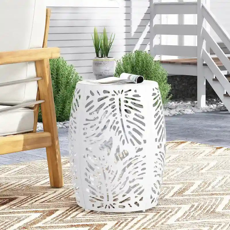 Metal Patio End Table,Round Side Table with Hollow Drum Design,Accent Table for Outdoor and Indoor Use