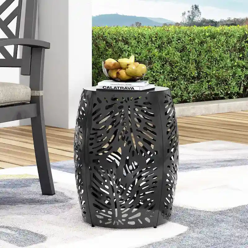 Metal Patio End Table,Round Side Table with Hollow Drum Design,Accent Table for Outdoor and Indoor Use