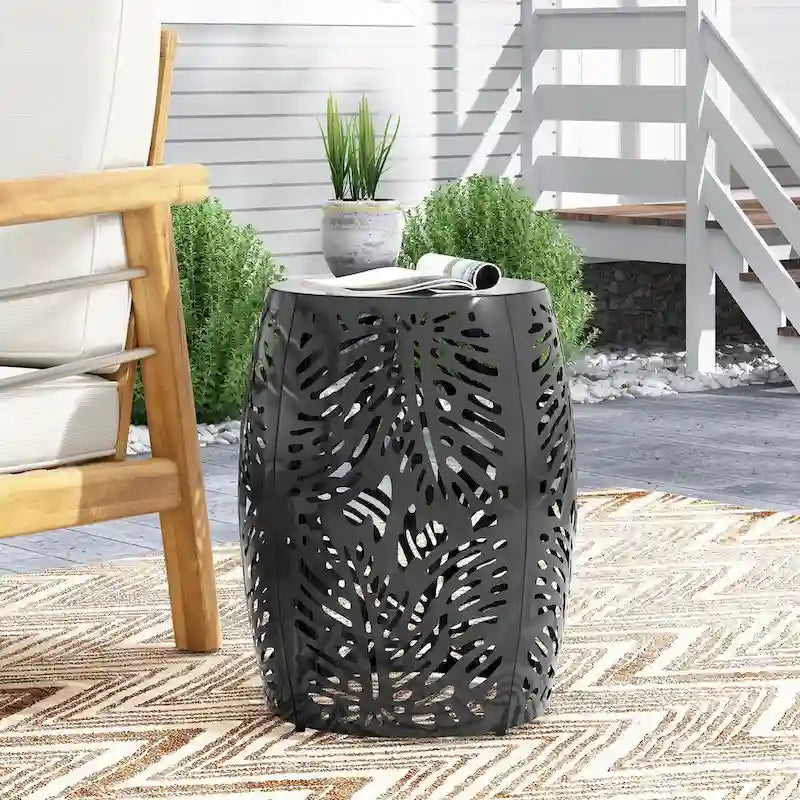 Metal Patio End Table,Round Side Table with Hollow Drum Design,Accent Table for Outdoor and Indoor Use
