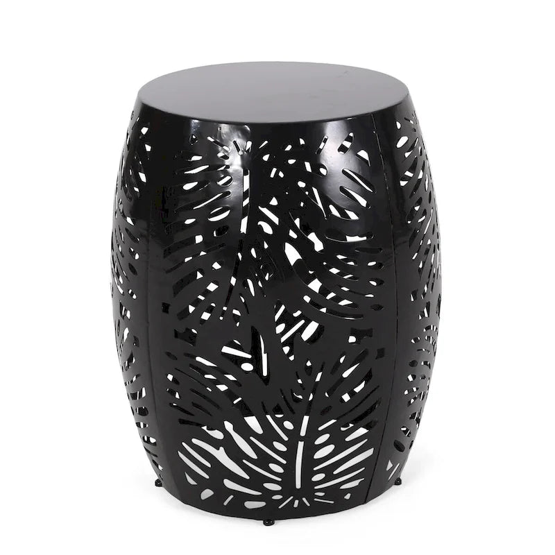 Metal Patio End Table,Round Side Table with Hollow Drum Design,Accent Table for Outdoor and Indoor Use
