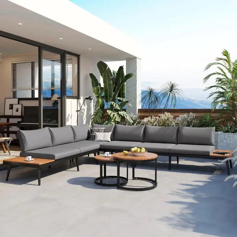 6-Piece Outdoor Sectional Sofa Set with Nesting Coffee Tables and Cushioned Seating