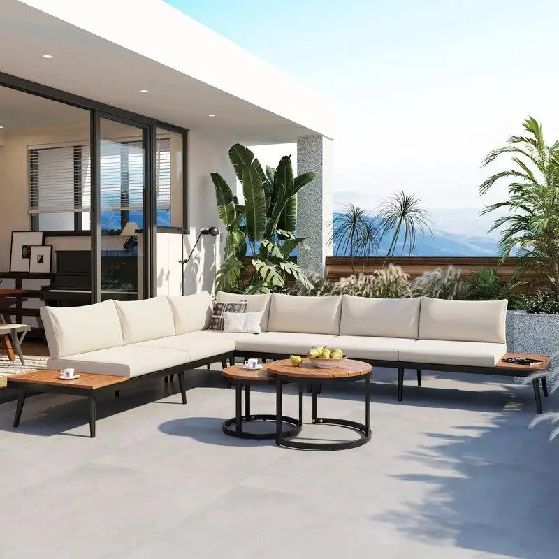6-Piece Outdoor Sectional Sofa Set with Nesting Coffee Tables and Cushioned Seating