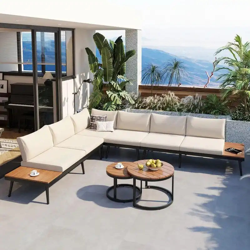 6-Piece Outdoor Sectional Sofa Set with Nesting Coffee Tables and Cushioned Seating