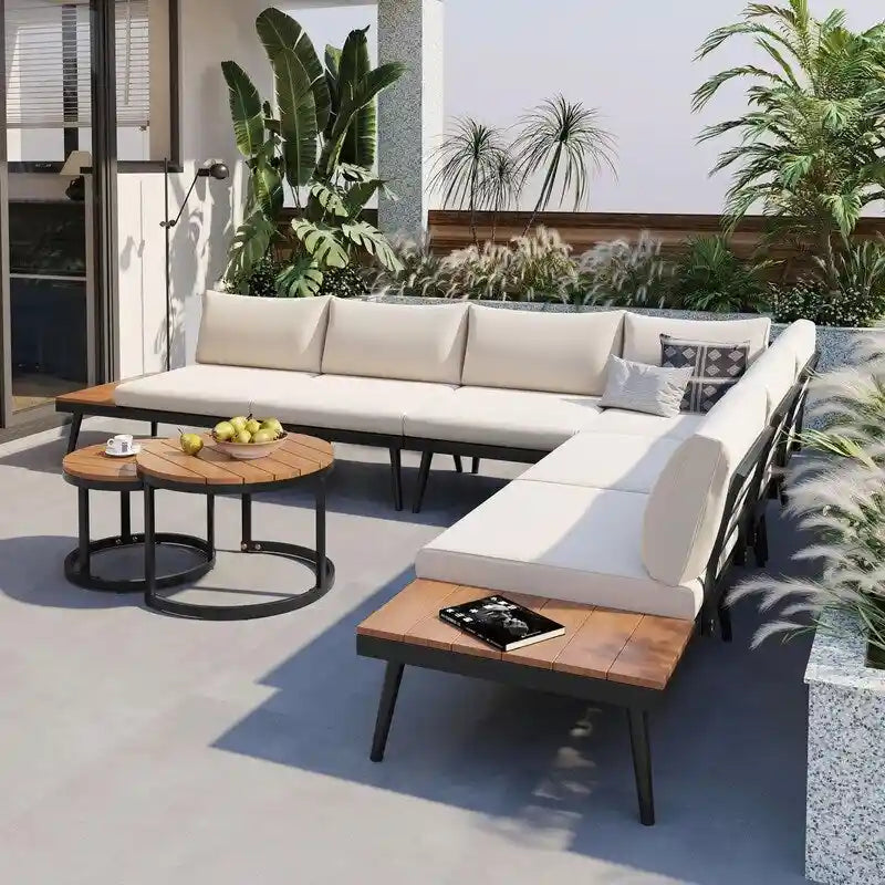 6-Piece Outdoor Sectional Sofa Set with Nesting Coffee Tables and Cushioned Seating