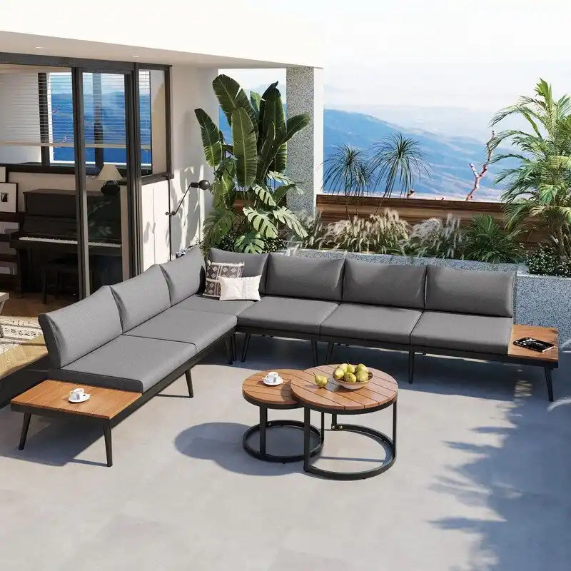 6-Piece Outdoor Sectional Sofa Set with Nesting Coffee Tables and Cushioned Seating