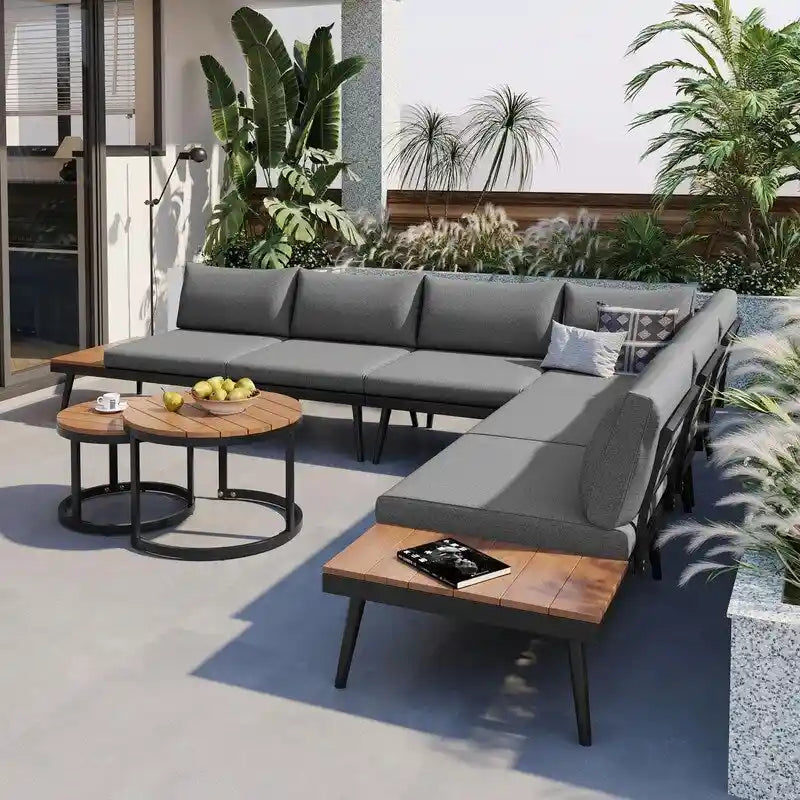6-Piece Outdoor Sectional Sofa Set with Nesting Coffee Tables and Cushioned Seating
