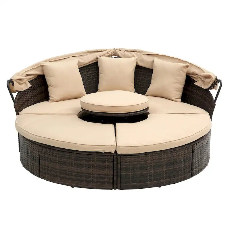 Beige Outdoor Daybed with Adjustable Canopy & Convertible Design