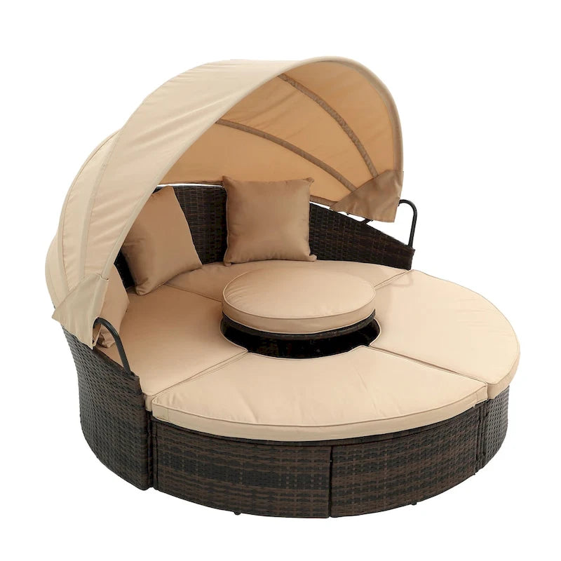 Beige Outdoor Daybed with Adjustable Canopy & Convertible Design