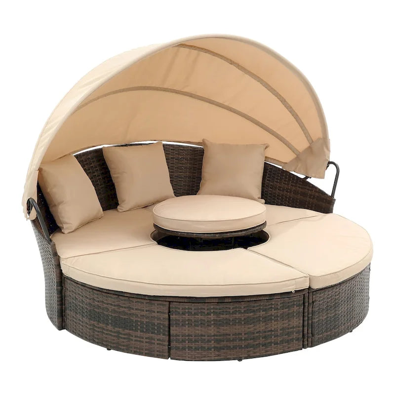 Beige Outdoor Daybed with Adjustable Canopy & Convertible Design