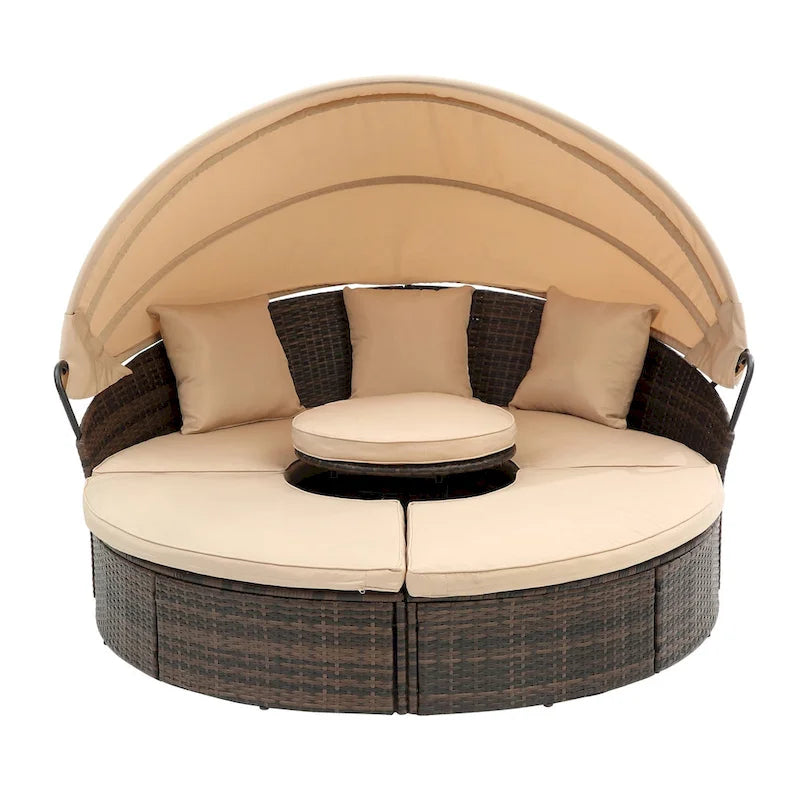 Beige Outdoor Daybed with Adjustable Canopy & Convertible Design