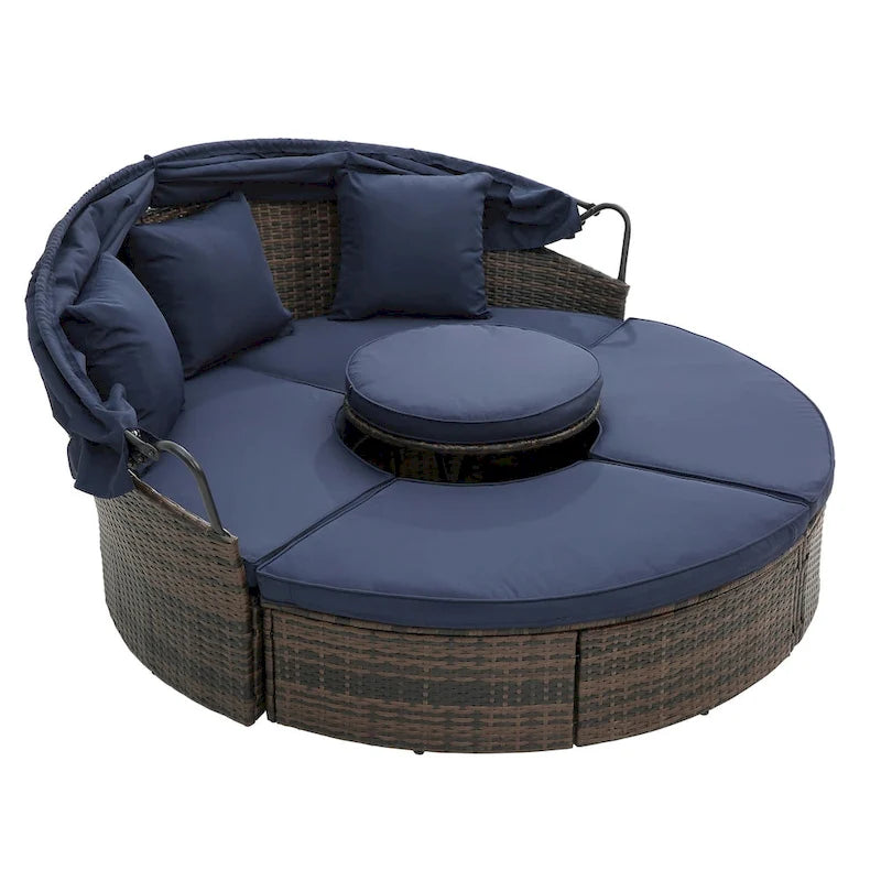 Beige Outdoor Daybed with Adjustable Canopy & Convertible Design