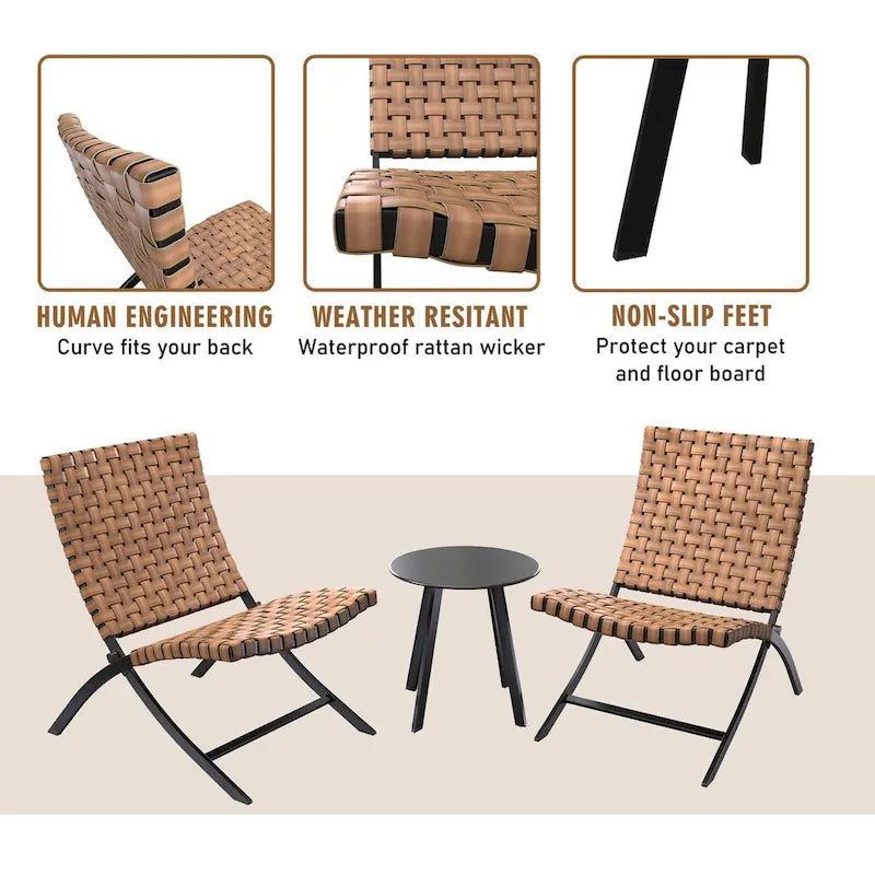 Jamison 3-Piece Light Brown Woven Rattan Outdoor Patio Folding Chairs Set - N/A