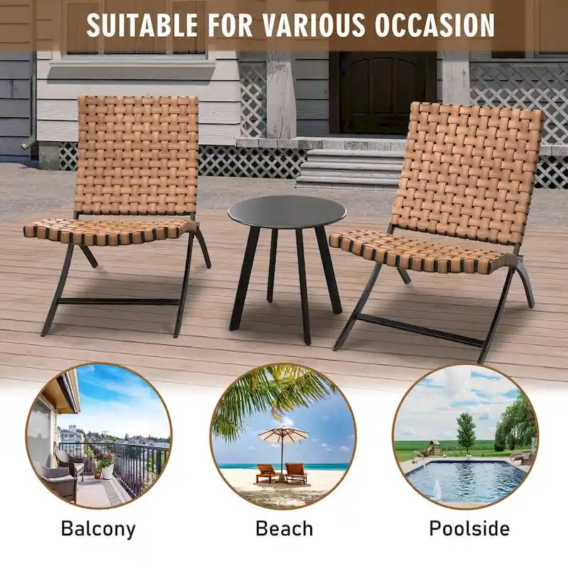 Jamison 3-Piece Light Brown Woven Rattan Outdoor Patio Folding Chairs Set - N/A