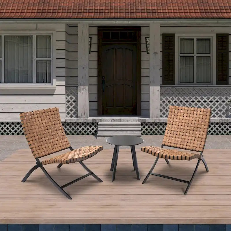 Jamison 3-Piece Light Brown Woven Rattan Outdoor Patio Folding Chairs Set - N/A