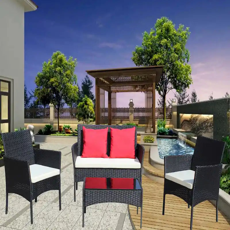 4 PC Rattan Patio Furniture Set Outdoor Patio Cushioned Seat Wicker Sofa (Beige Cushion)
