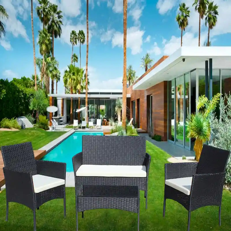 4 PC Rattan Patio Furniture Set Outdoor Patio Cushioned Seat Wicker Sofa (Beige Cushion)