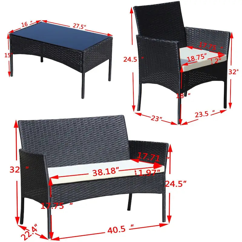 4 PC Rattan Patio Furniture Set Outdoor Patio Cushioned Seat Wicker Sofa (Beige Cushion)