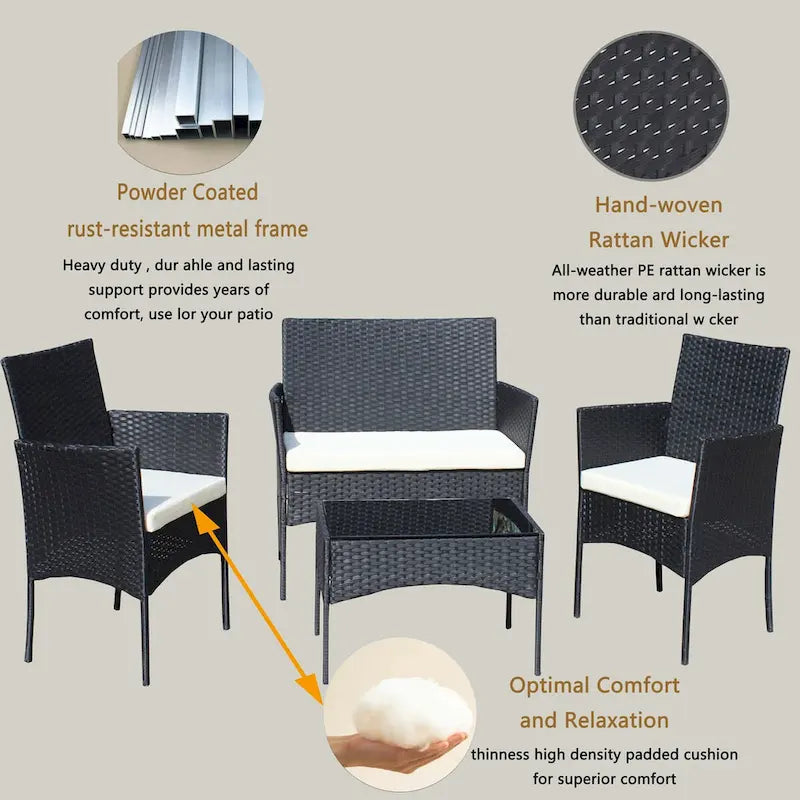 4 PC Rattan Patio Furniture Set Outdoor Patio Cushioned Seat Wicker Sofa (Beige Cushion)