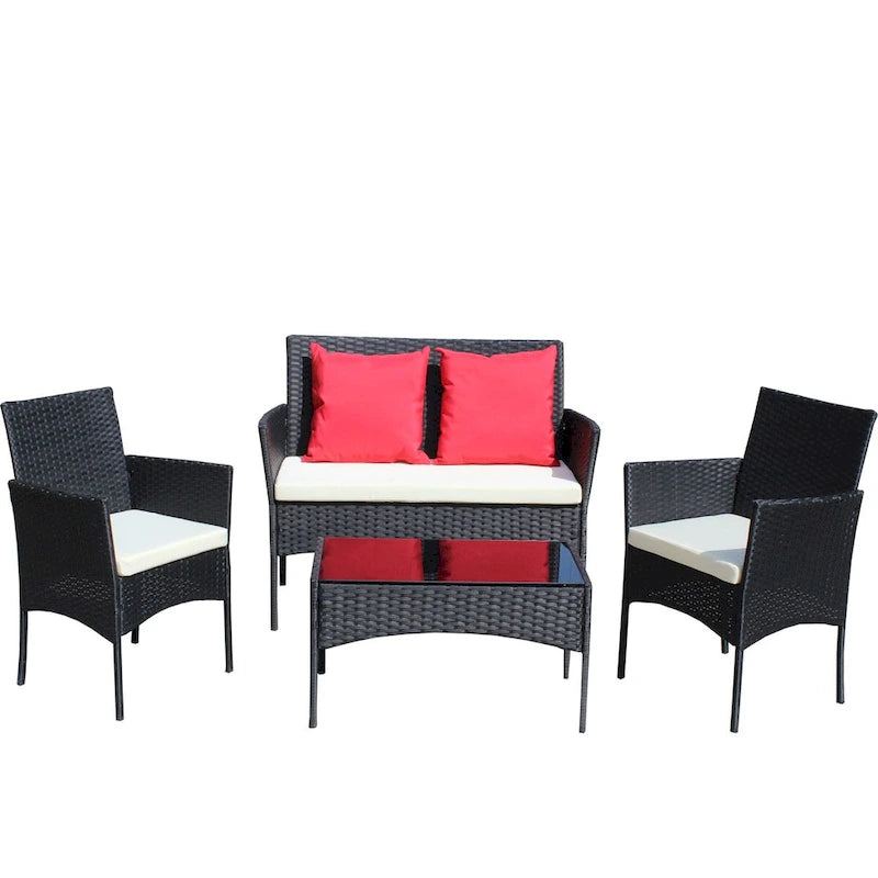 4 PC Rattan Patio Furniture Set Outdoor Patio Cushioned Seat Wicker Sofa (Beige Cushion)
