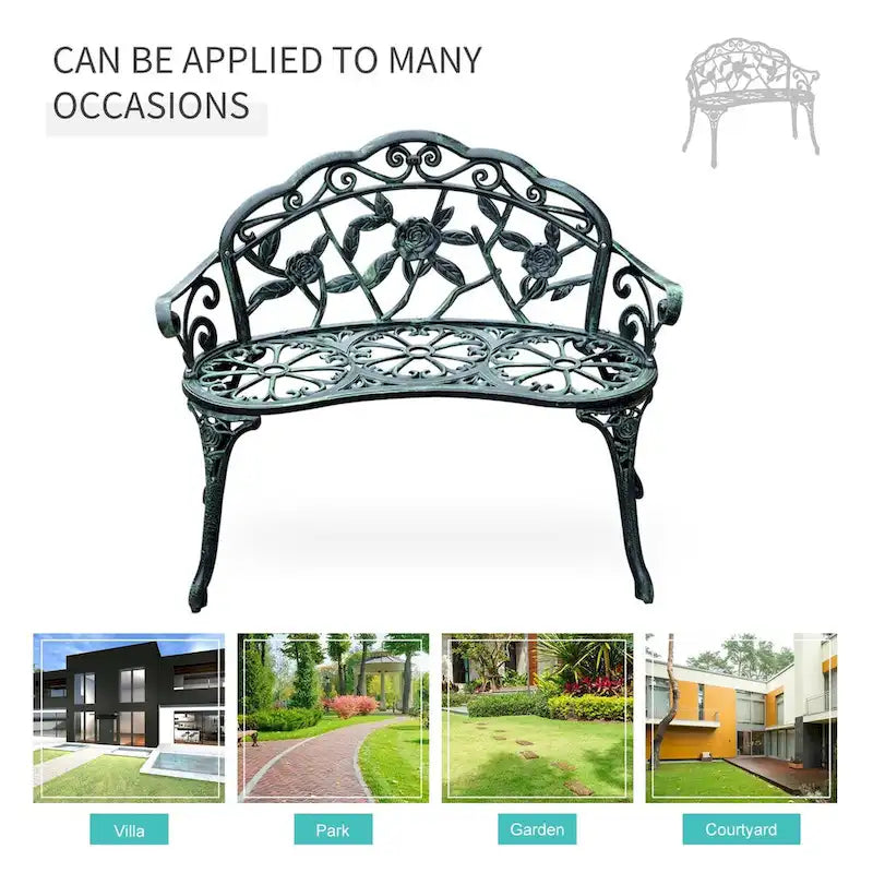 Cast Aluminum Two-Seat Outdoor Bench with Floral Rose Accent & Antique Finish, Green