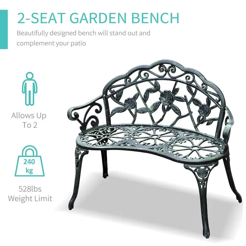 Cast Aluminum Two-Seat Outdoor Bench with Floral Rose Accent & Antique Finish, Green