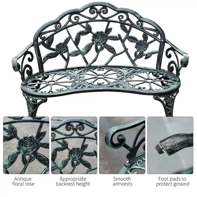 Cast Aluminum Two-Seat Outdoor Bench with Floral Rose Accent & Antique Finish, Green