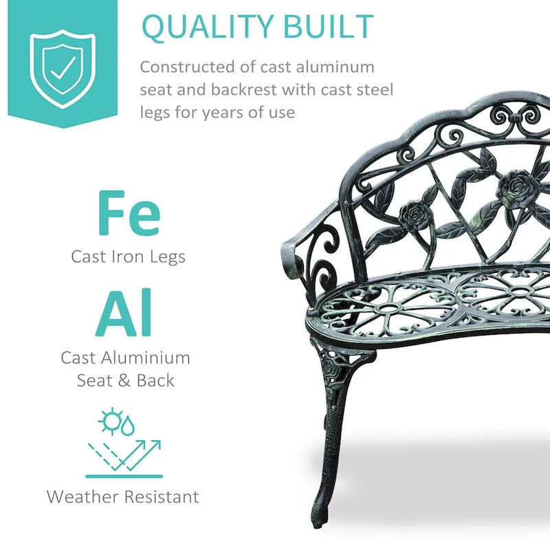 Cast Aluminum Two-Seat Outdoor Bench with Floral Rose Accent & Antique Finish, Green