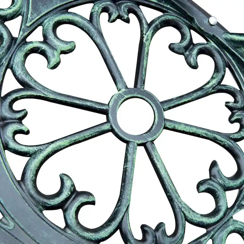 Cast Aluminum Two-Seat Outdoor Bench with Floral Rose Accent & Antique Finish, Green