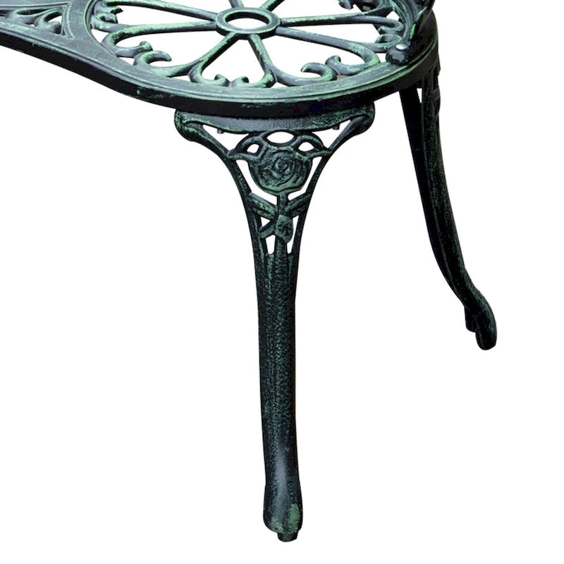 Cast Aluminum Two-Seat Outdoor Bench with Floral Rose Accent & Antique Finish, Green