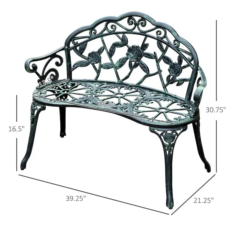Cast Aluminum Two-Seat Outdoor Bench with Floral Rose Accent & Antique Finish, Green