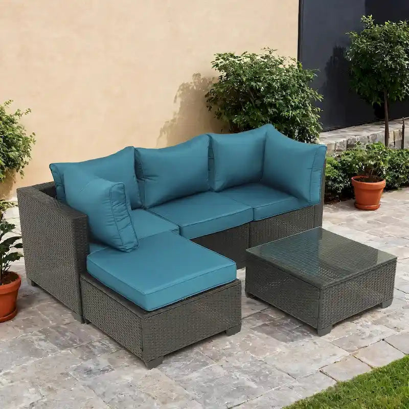 5-Piece Hand-Woven PE Wicker Outdoor Patio Sectional Sofa Set with Cushions and Coffee Table