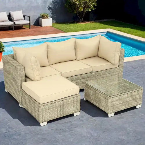 5-Piece Hand-Woven PE Wicker Outdoor Patio Sectional Sofa Set with Cushions and Coffee Table