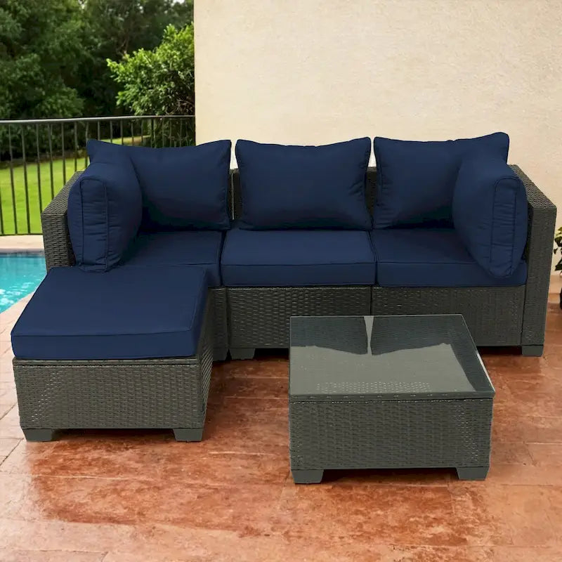 5-Piece Hand-Woven PE Wicker Outdoor Patio Sectional Sofa Set with Cushions and Coffee Table