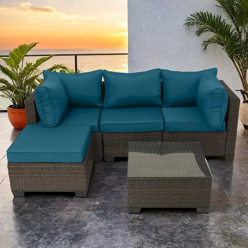 5-Piece Hand-Woven PE Wicker Outdoor Patio Sectional Sofa Set with Cushions and Coffee Table