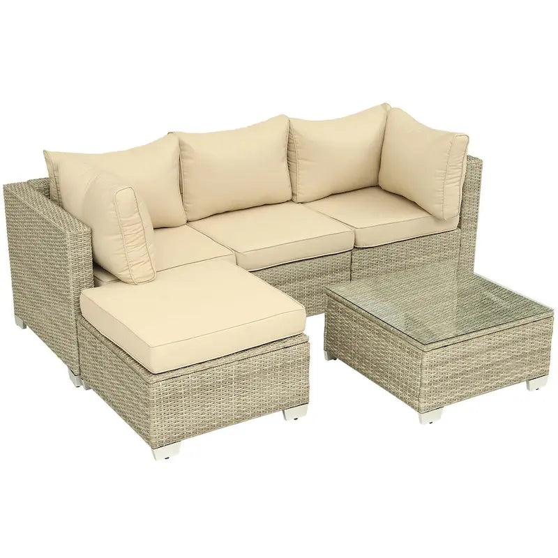 5-Piece Hand-Woven PE Wicker Outdoor Patio Sectional Sofa Set with Cushions and Coffee Table