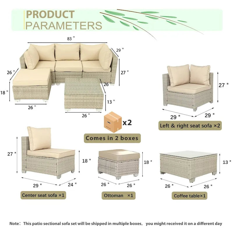 5-Piece Hand-Woven PE Wicker Outdoor Patio Sectional Sofa Set with Cushions and Coffee Table
