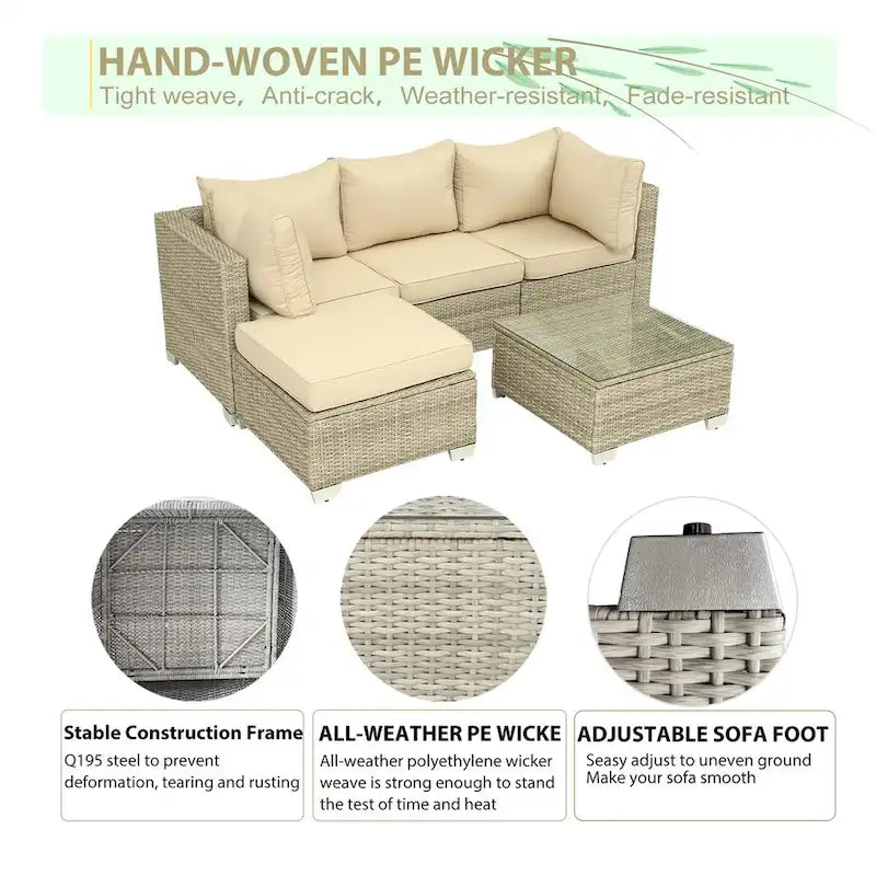 5-Piece Hand-Woven PE Wicker Outdoor Patio Sectional Sofa Set with Cushions and Coffee Table