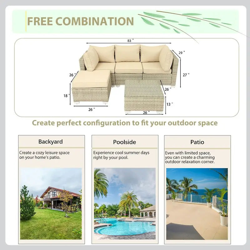 5-Piece Hand-Woven PE Wicker Outdoor Patio Sectional Sofa Set with Cushions and Coffee Table