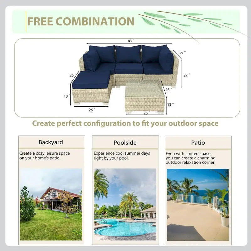 5-Piece Hand-Woven PE Wicker Outdoor Patio Sectional Sofa Set with Cushions and Coffee Table