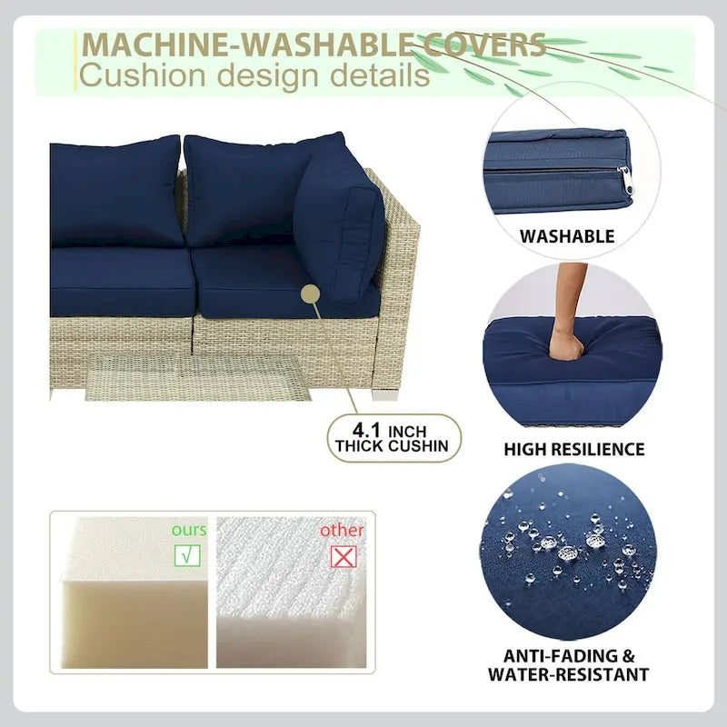 5-Piece Hand-Woven PE Wicker Outdoor Patio Sectional Sofa Set with Cushions and Coffee Table