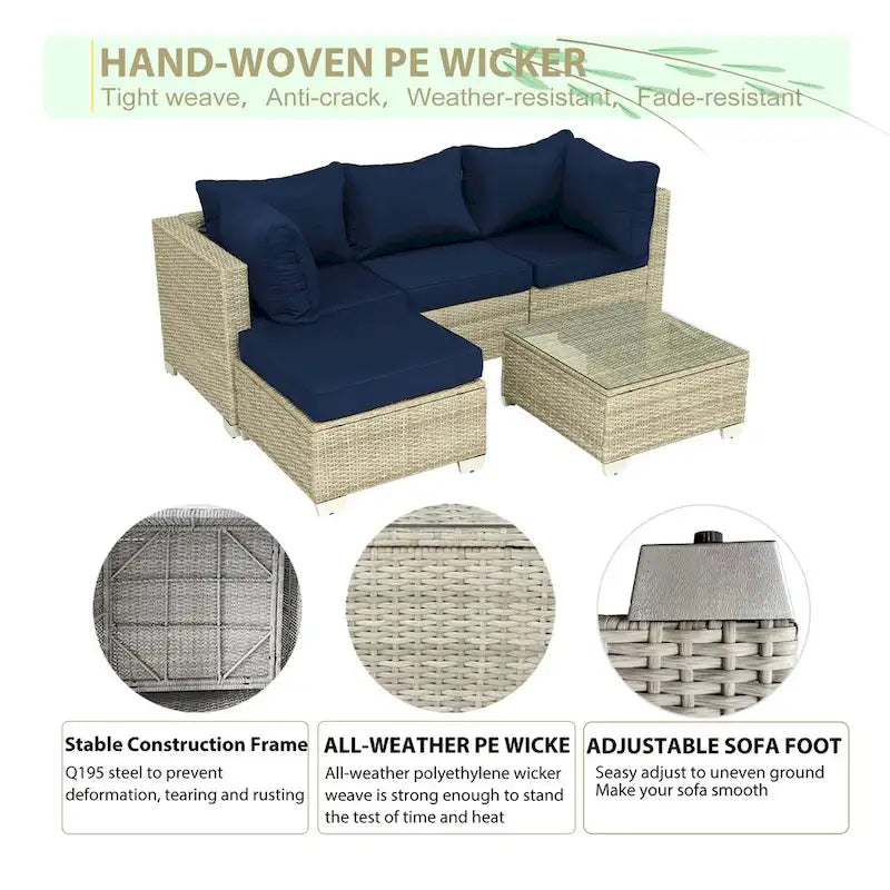 5-Piece Hand-Woven PE Wicker Outdoor Patio Sectional Sofa Set with Cushions and Coffee Table