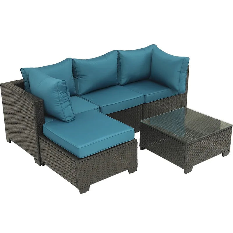 5-Piece Hand-Woven PE Wicker Outdoor Patio Sectional Sofa Set with Cushions and Coffee Table